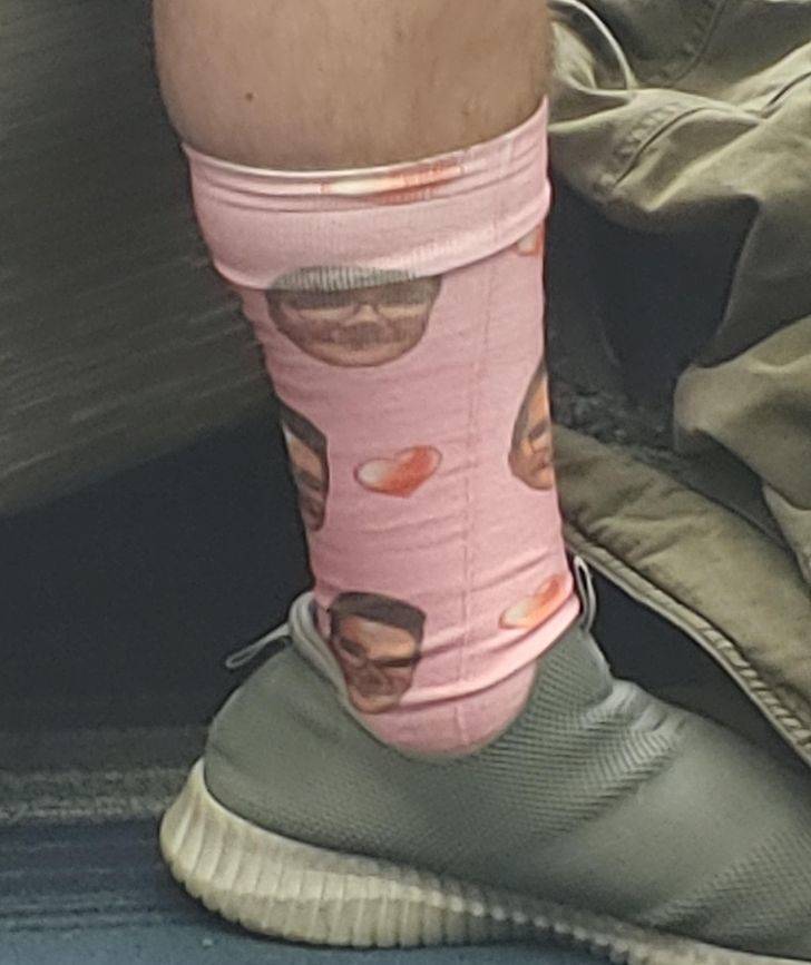 ’’This man at my college wearing socks with pictures of his own face on them’’