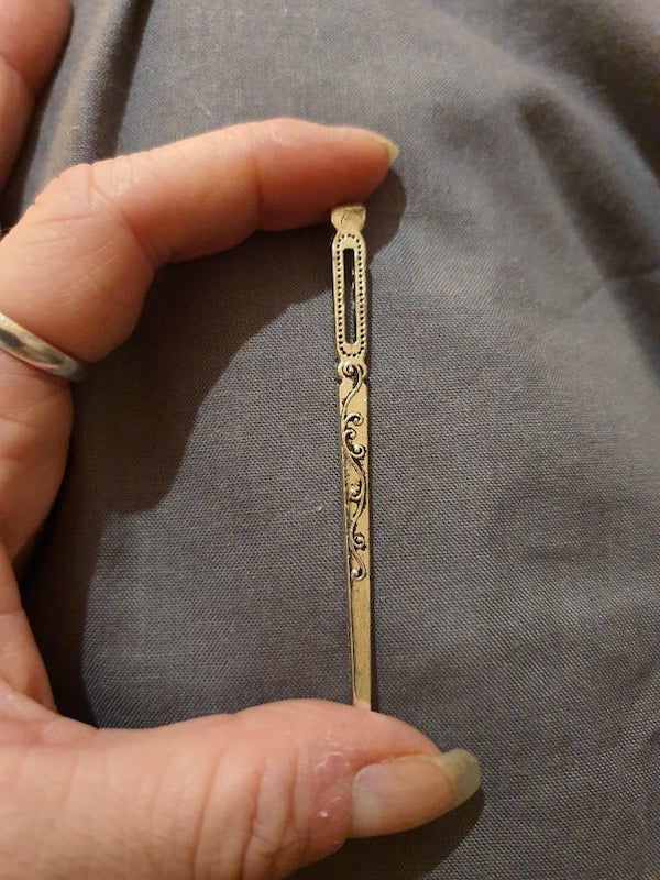 Victorian Mystery Object. Blunt and too big for a needle threader.

A: It’s a bodkin. For threading ribbon, lacing corsets, etc.