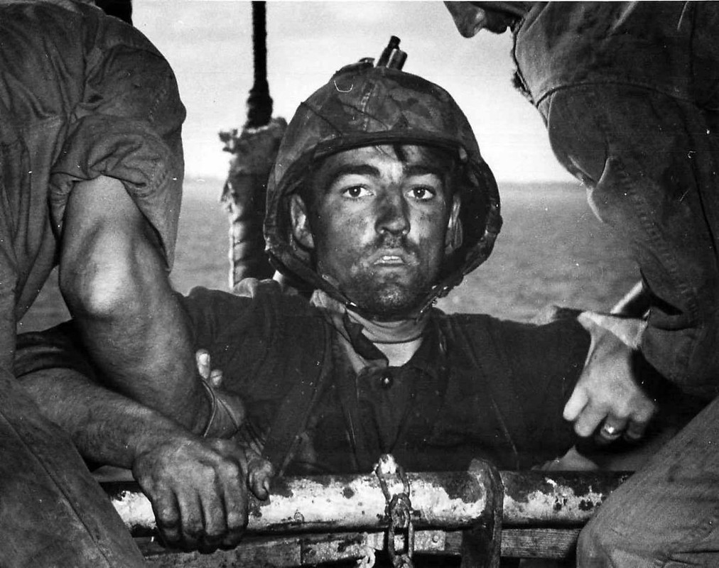 The iconic American wartime photograph “The Thousand Yard Stare” showing an exhausted 19-year-old US Marine Private Theodore J. Miller in February 1944 after two days of constant fighting at the Battle of Eniwetok. Miller would be killed in a firefight during the invasion of Ebon Atoll a month later on the 24 March 1944.