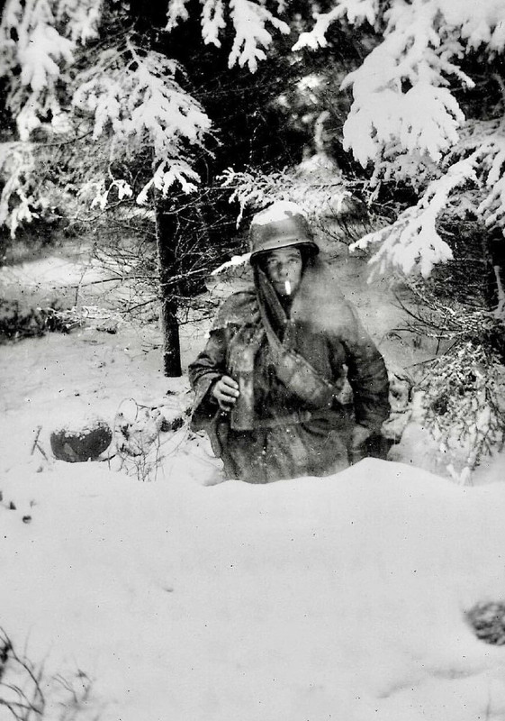 Private George A. Huckenberger in a trench near Bastogne. In December 1944, he died during a battle at the age of 22