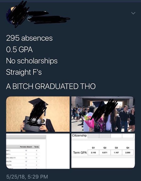 funny tweets  - website - 295 absences 0.5 Gpa No scholarships Straight F's A Bitch Graduated Tho Citizenship Periods Absent Tardy 01 Q2 03 04 Me 0.571 Term Gpa 2.143 1.167 Wyl 2.000 . Family Oleta 52518,