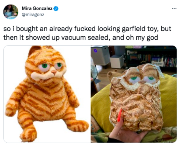 funny tweets  - old garfield plush - Mira Gonzalez so i bought an already fucked looking garfield toy, but then it showed up vacuum sealed, and oh my god