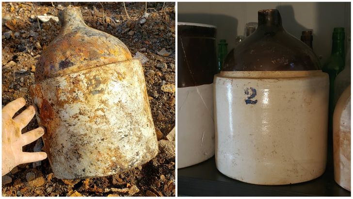 “I found this amazing 2-gallon ’cobalt’ stoneware crock in my village’s old bottle dump.”