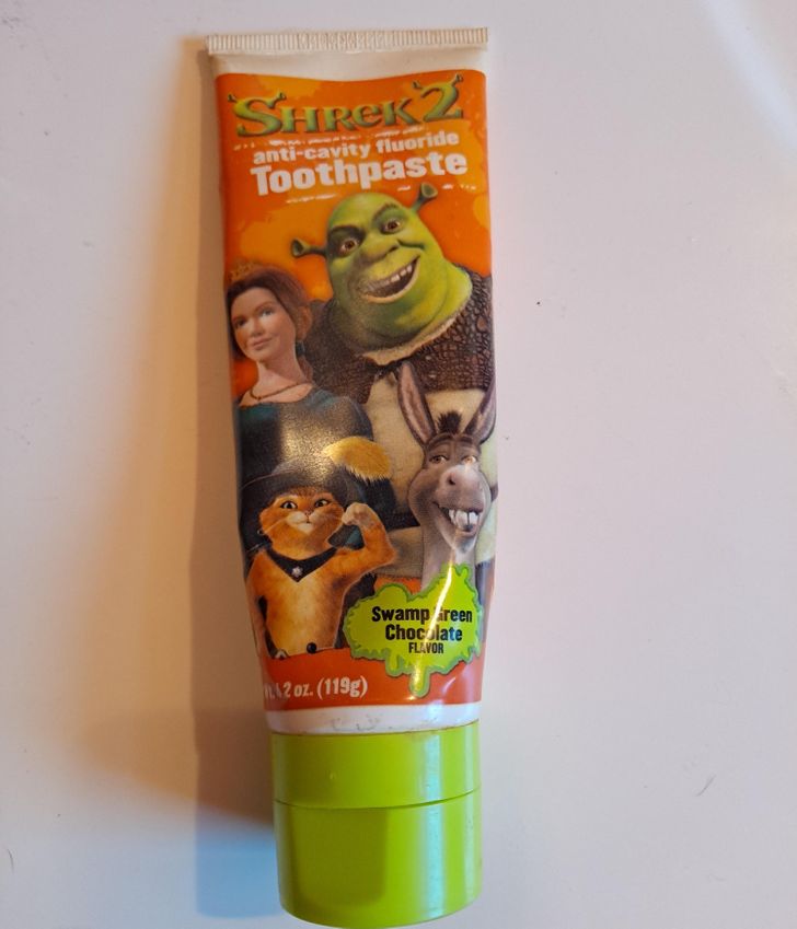 “I found this Shrek chocolate-flavored toothpaste from 2004 in my medicine cabinet.”
