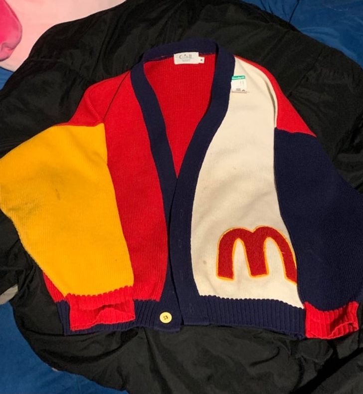 “Struck gold with a 1980s McDonald’s uniform cardigan for $3.99.”