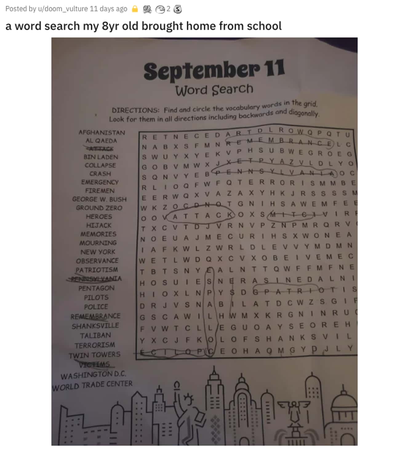 cringe posts - word search - Posted by udoom_vulture 11 days ago 23 a word search my 8yr old brought home from school September 11 1 Word Search Directions Find and circle the vocabulary words in the grid. Look for them in all directions including backwar