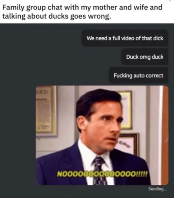 noooo gif noo - Family group chat with my mother and wife and talking about ducks goes wrong. We need a full video of that dick Duck omg duck Fucking auto correct Lrd NOOO00000000000!!!!! Sending...