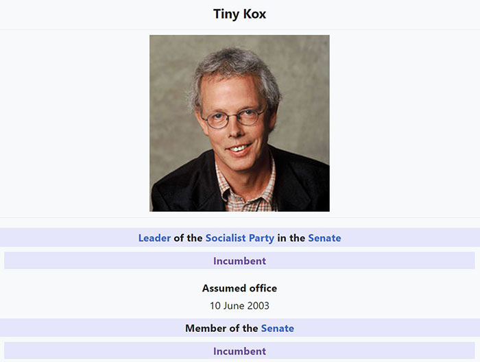 awful names - tiny kox - Tiny Kox Leader of the Socialist Party in the Senate Incumbent Assumed office Member of the Senate Incumbent