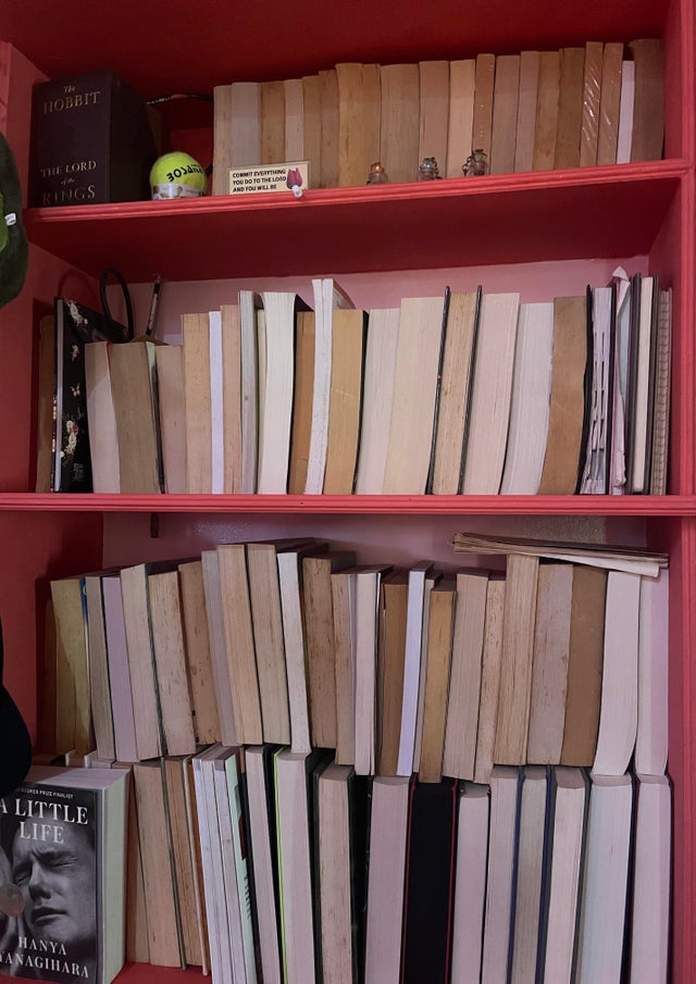 My sister decided to organized my bookshelf then she did this. Oh my eyes!
