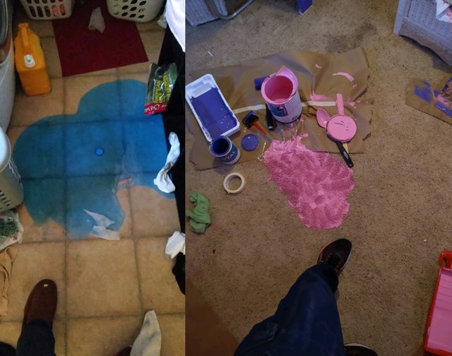 I spilled the detergent. 2 hours later, she spilled the paint. It’s going to be a quiet night I think.