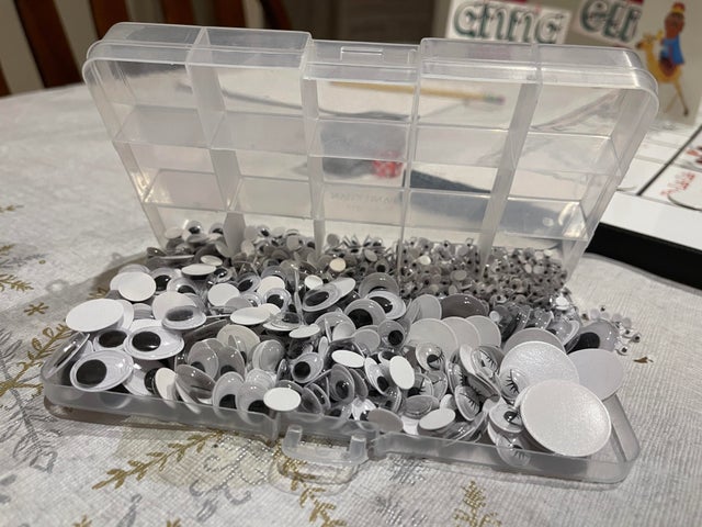Opened a box of different kinds of googly eyes upside down.