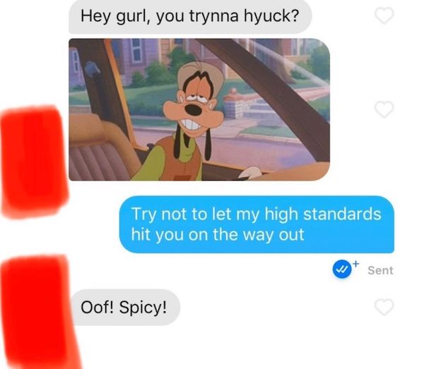 you tryna hyuck - Hey gurl, you trynna hyuck? Try not to let my high standards hit you on the way out Sent Oof! Spicy!