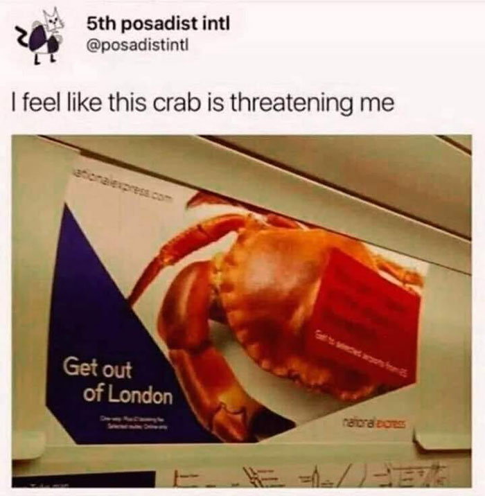 photos with threatening auras - get out of london crab meme - 5th posadist inti I feel this crab is threatening me ationalexpress.com Get out of London napra Do