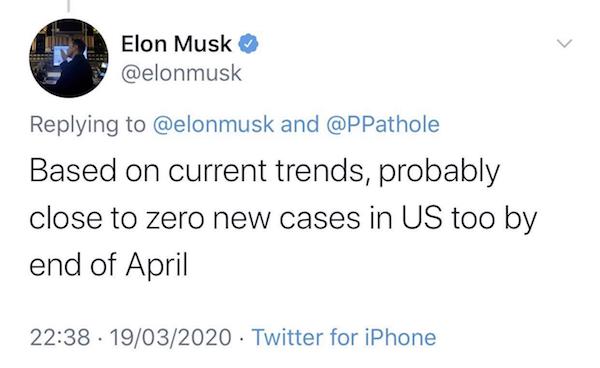michael kopech tweets - Elon Musk and Based on current trends, probably close to zero new cases in Us too by end of April 19032020 Twitter for iPhone