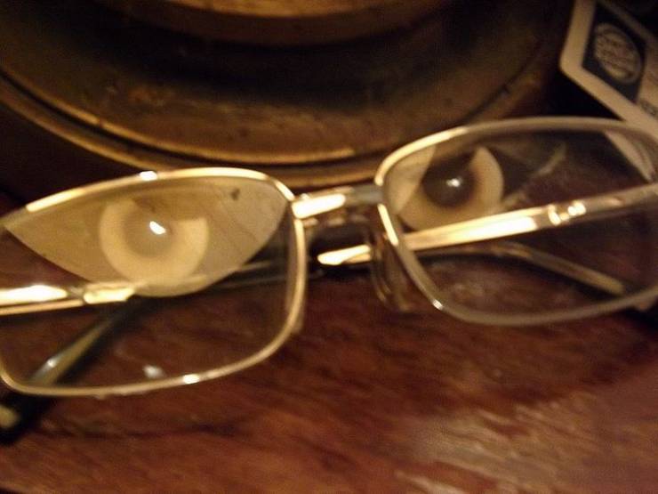 “The lamp’s reflection in my glasses makes it look like an owl is staring at me.”