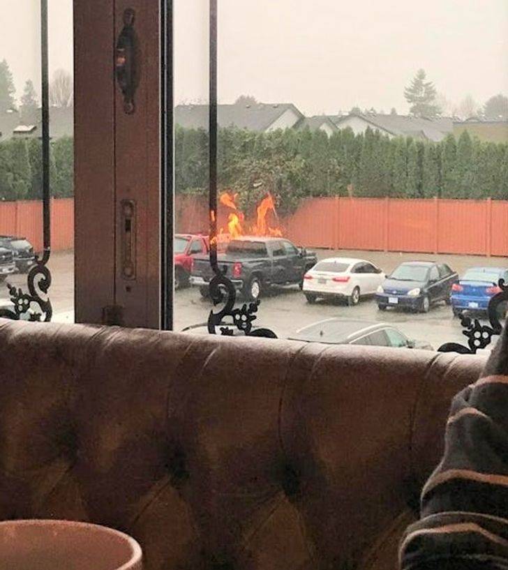 “The reflection of the fireplace makes it look like this car is on fire.”