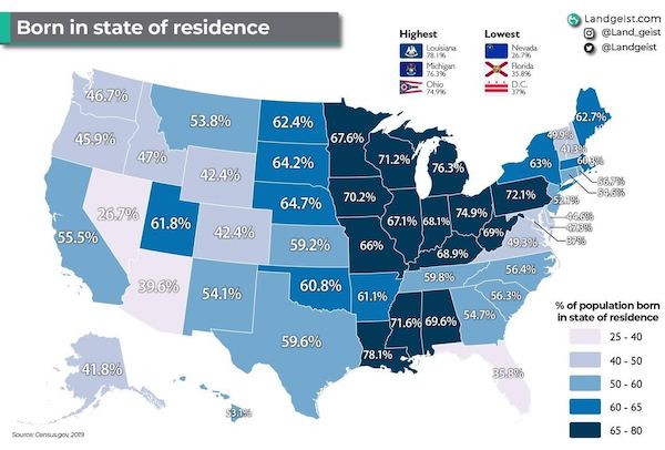 south carolina on us map - Born in state of residence Highest Louis 781 Landgelst.com Land geist Michigan Lowest Nevada 27 Florida 35.8% Dc 37 Ix | 76396 Chio 74.996 46.7% 53.8% 62.4% 45.9% 67.6% 62.7% 49993 40341 63% 603 47% 64.2% 71.2% 42.4% 76.3% 26.7%