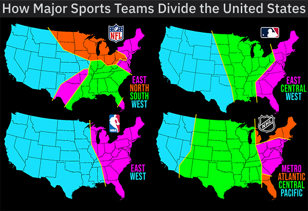 map - How Major Sports Teams Divide the United States Nfl Kol East North South West East Central West Nhl East West Metro Atlantic Central Pacific