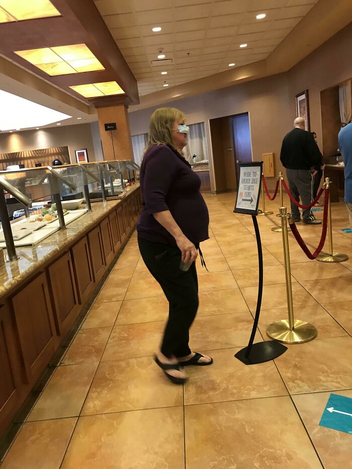This Lady’s Husband Wouldn’t Allow Anyone On The Elevator With Them, Then She Walks Around The Whole Food Service Area Like This.