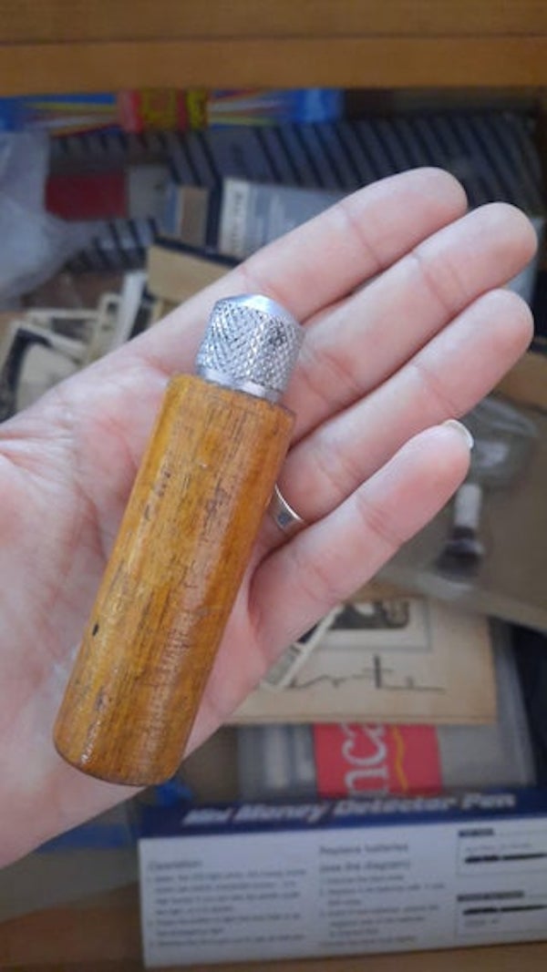 I found this with my grandpa’s tools. The metal tips turns and pops out a bit, but I can’t separate it from the wooden body.

A: I had something that looked just like this but was smaller and it was a bird call. The noise was made when the metal rubbed against the wood.