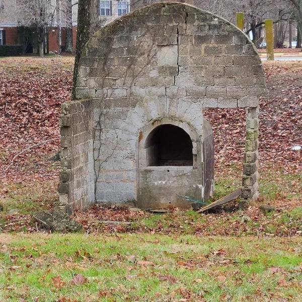 Structure that looks like a furnace or oven. Plus triangle in a circle . in Suffolk VA.

A: It‘s the remains of a communal bread oven from the last century, belonging to the Jewish community surrounding it.