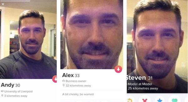 people catfishing -  Alex 33 Business owner 32 kilometres away Andy 30 e University of Liverpool 3 kilometres away Steven 31 Model at Model 25 kilometres away A bit cheeky, be wamed