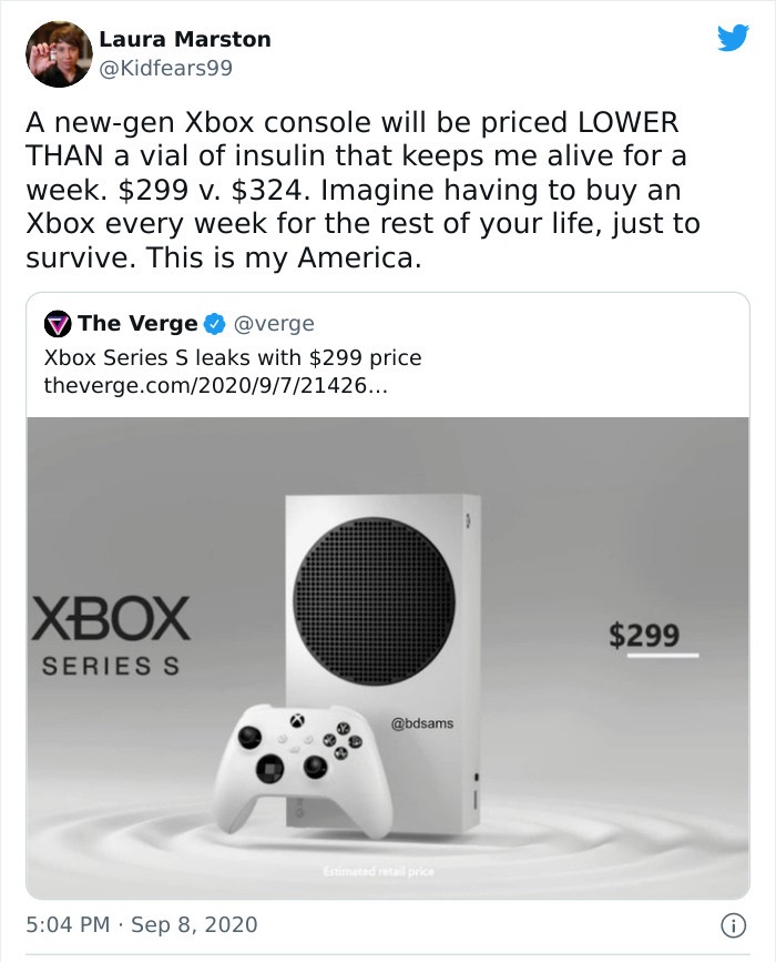 brutal pics of our harsh world - ned flanders - Laura Marston A newgen Xbox console will be priced Lower Than a vial of insulin that keeps me alive for a week. $299 v. $324. Imagine having to buy an Xbox every week for the rest of your life, just to survi