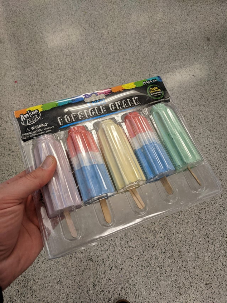 “Chalk with a popsicle color, shape, and even wood handle. What could go wrong giving these to kids?”