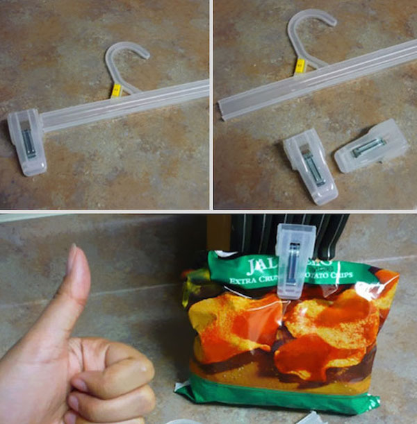 Break off the clips from the ends of pants hangers and use them to close up your snacks!