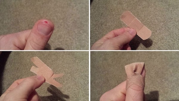 Band aids stay on better if you cut the ends and weave them together.