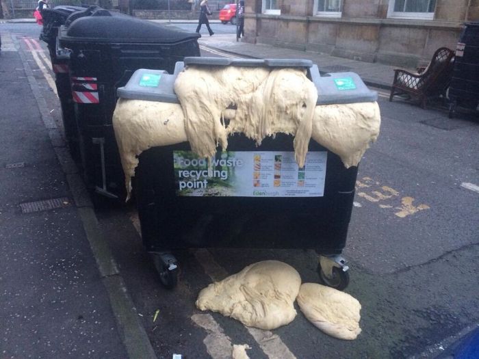 cursed - wtf pics - pizza dough dumpster - food waste recycling point Ben