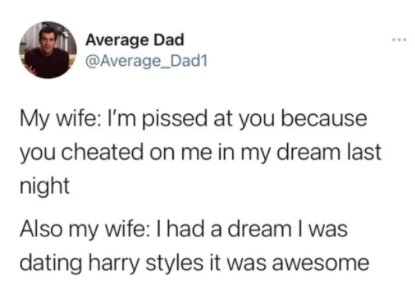 directly related to my job meme - Average Dad My wife I'm pissed at you because you cheated on me in my dream last night Also my wife I had a dream I was dating harry styles it was awesome