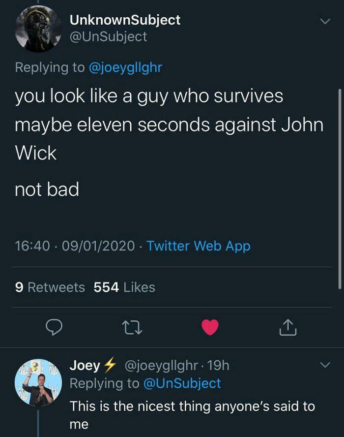 funny comments - you look a guy who survives maybe eleven seconds against John Wick not bad . 09012020 Twitter Web App 9 554 1 Joey 19h This is the nicest thing anyone's said to me