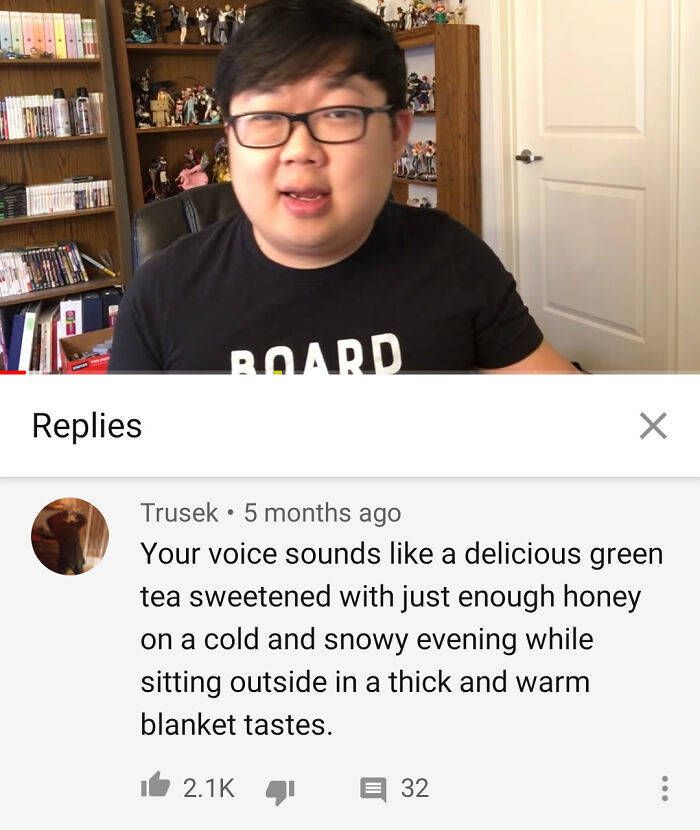funny comments -  Your voice sounds a delicious green tea sweetened with just enough honey on a cold and snowy evening while sitting outside in a thick and warm a blanket tastes. i @@ E 32