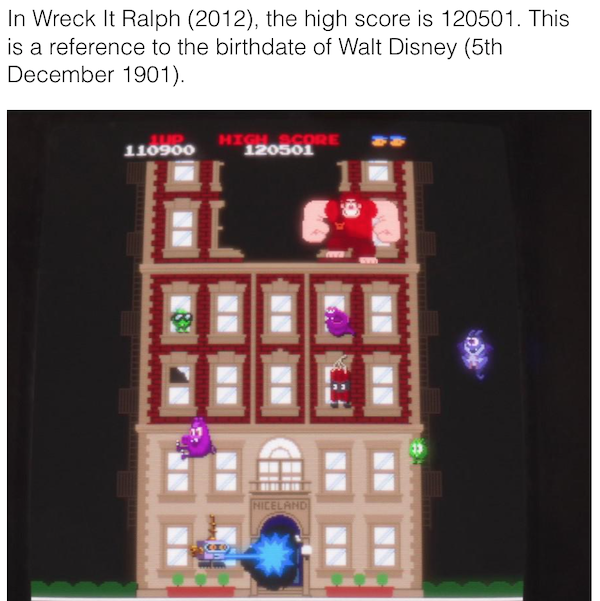 quarterworld arcade - In Wreck It Ralph 2012, the high score is 120501. This is a reference to the birthdate of Walt Disney 5th . 110900 High Score 120501 Niceland