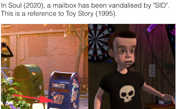 coco sid from toy story - In Soul 2020, a mailbox has been vandalised by "Sid". This is a reference to Toy Story 1995. 19 3 17