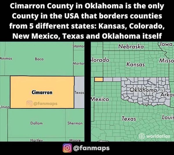 charts - infographics - bryant park - Cimarron County in Oklahoma is the only County in the Usa that borders counties from 5 different states Kansas, Colorado, New Mexico, Texas and Oklahoma itself Stantor Nebraska lowa Animas Baca lorado Misso Mortor Kan