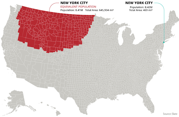 charts - infographics - covid uncontrolled spread map - New York City Equivalent Population Population 8.41M Total Area 645,934 mi New York City Population 8.42M Total Area 469 mi? o Source Slate