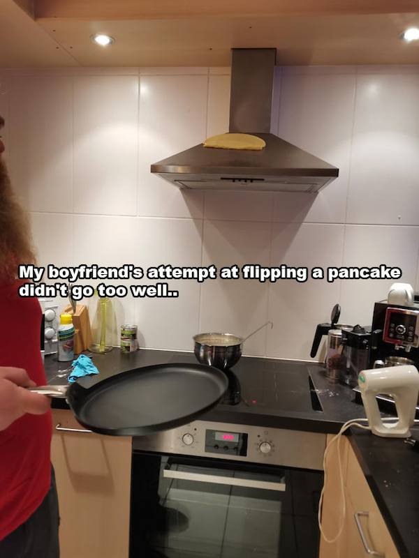 Escalated Quickly - kitchen - My boyfriend's attempt at flipping a pancake didn't go too well.. S.