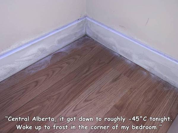 Escalated Quickly - floor - "Central Alberta, it got down to roughly 45C tonight. Woke up to frost in the corner of my bedroom."