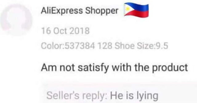 savage replies and comebacks - seller response he is lying - AliExpress Shopper Color537384 128 Shoe Size9.5 Am not satisfy with the product Seller's He is lying