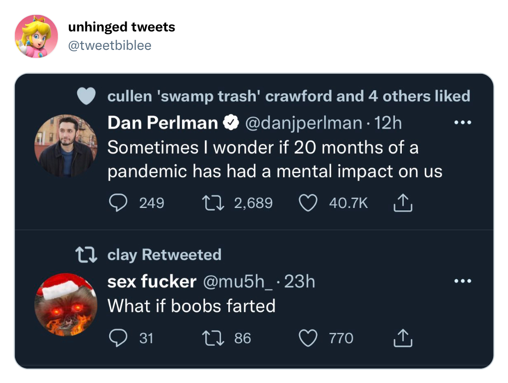 twitter memes - multimedia - unhinged tweets ... cullen 'swamp trash' crawford and 4 others d Dan Perlman ~ . 12h Sometimes I wonder if 20 months of a pandemic has had a mental impact on us 249 17 2,689 1 17 clay Retweeted sex fucker 23h What if boobs far