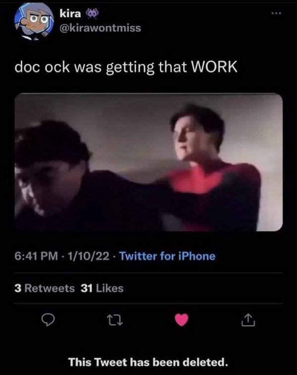 horny jail memes - video - kira doc ock was getting that Work 11022 Twitter for iPhone 3 31 This Tweet has been deleted. .