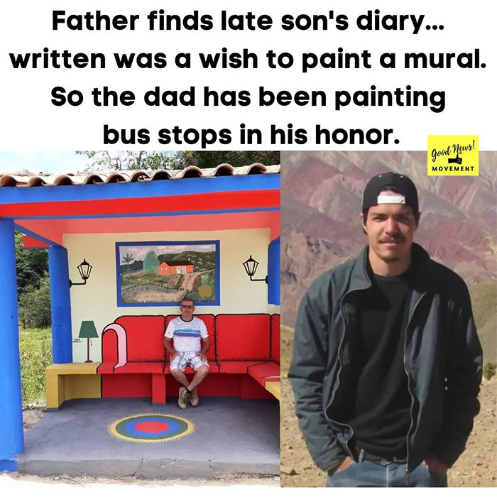wholesome pics and memes - presentation - Father finds late son's diary... written was a wish to paint a mural. So the dad has been painting bus stops in his honor. Good News! Movement