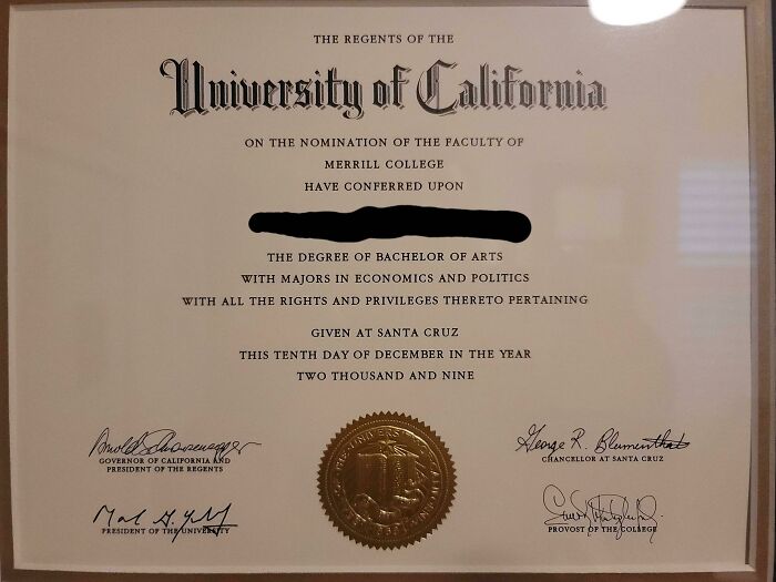 interesting things - fascinating finds -  university of california diploma - The Regents Of The University of California On The Nomination Of The Faculty Of Merrill College Have Conferred Upon The Degree Of Bachelor Of Rts With Majors In Economics And Pol