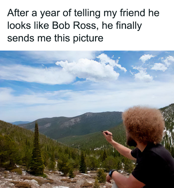 bob ross friend meme - After a year of telling my friend he looks Bob Ross, he finally sends me this picture