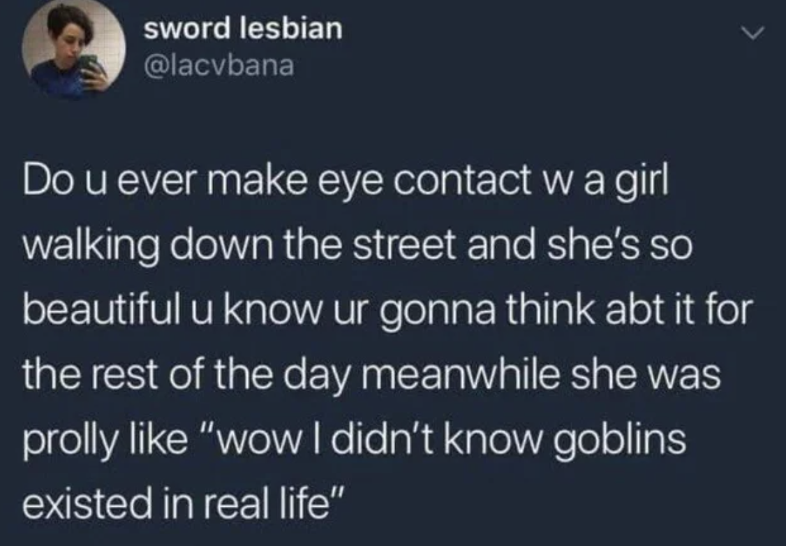 online abuse - sword lesbian Do u ever make eye contact w a girl walking down the street and she's so beautiful u know ur gonna think abt it for the rest of the day meanwhile she was prolly "wow I didn't know goblins existed in real life"