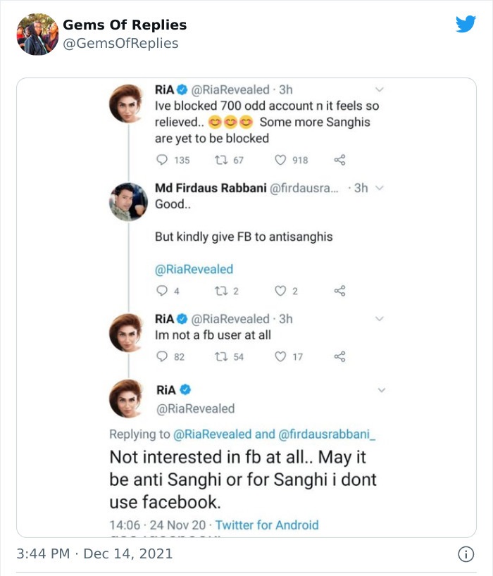 funny comments - document - Gems Of Replies Ria 3h Ive blocked 700 odd account n it feels so relieved.. Some more Sanghis are yet to be blocked 135 12 67 918 Md Firdaus Rabbani ... 3h Good.. But kindly give Fb to antisanghis 4 22 2 2 RiA 3h Im not a fb us