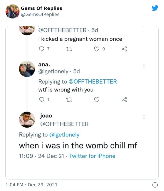 funny comments - document - Gems Of Replies . 5d i kicked a pregnant woman once 9.7 22 9 ana. . 5d wtf is wrong with you 1 6 joao when i was in the womb chill mf 24 Dec 21 Twitter for iPhone 0