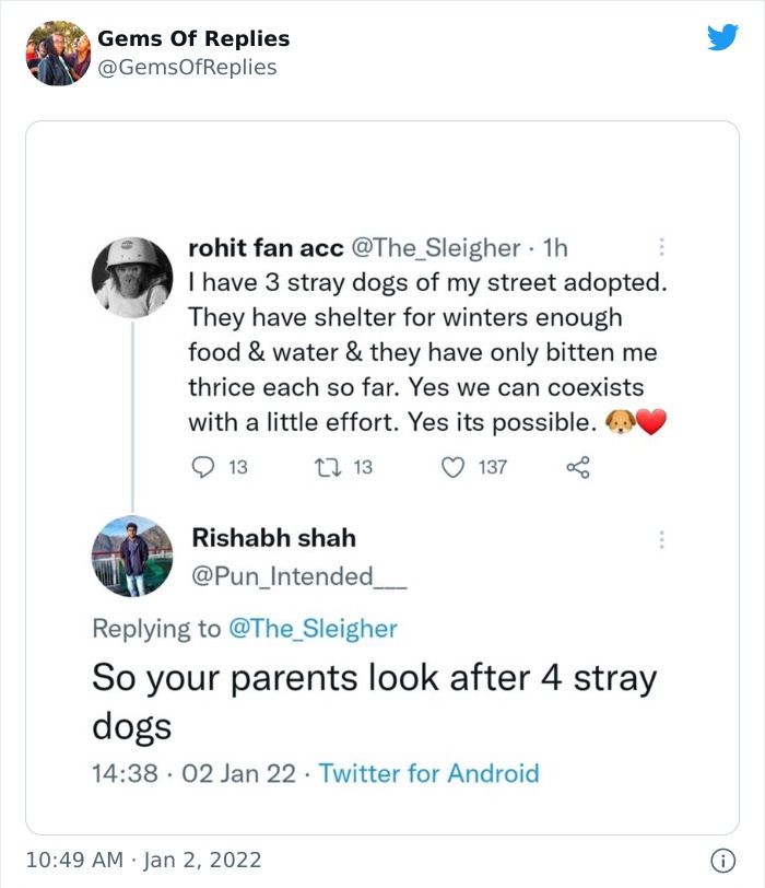funny comments - document - Gems Of Replies rohit fan acc 1h I have 3 stray dogs of my street adopted. They have shelter for winters enough food & water & they have only bitten me thrice each so far. Yes we can coexists with a little effort. Yes its possi